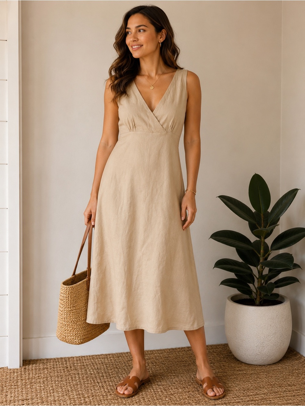 Linen Blend Sleeveless Midi Dress Plus Size 16W Beige